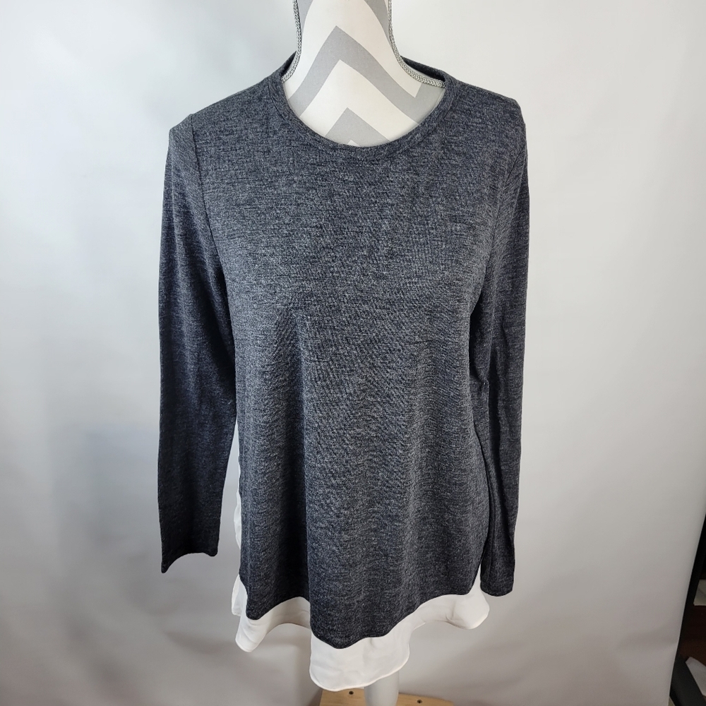 Loft Petites Soft Marled Gray T-shirt Sheer Bottom Strip Size Large Petite